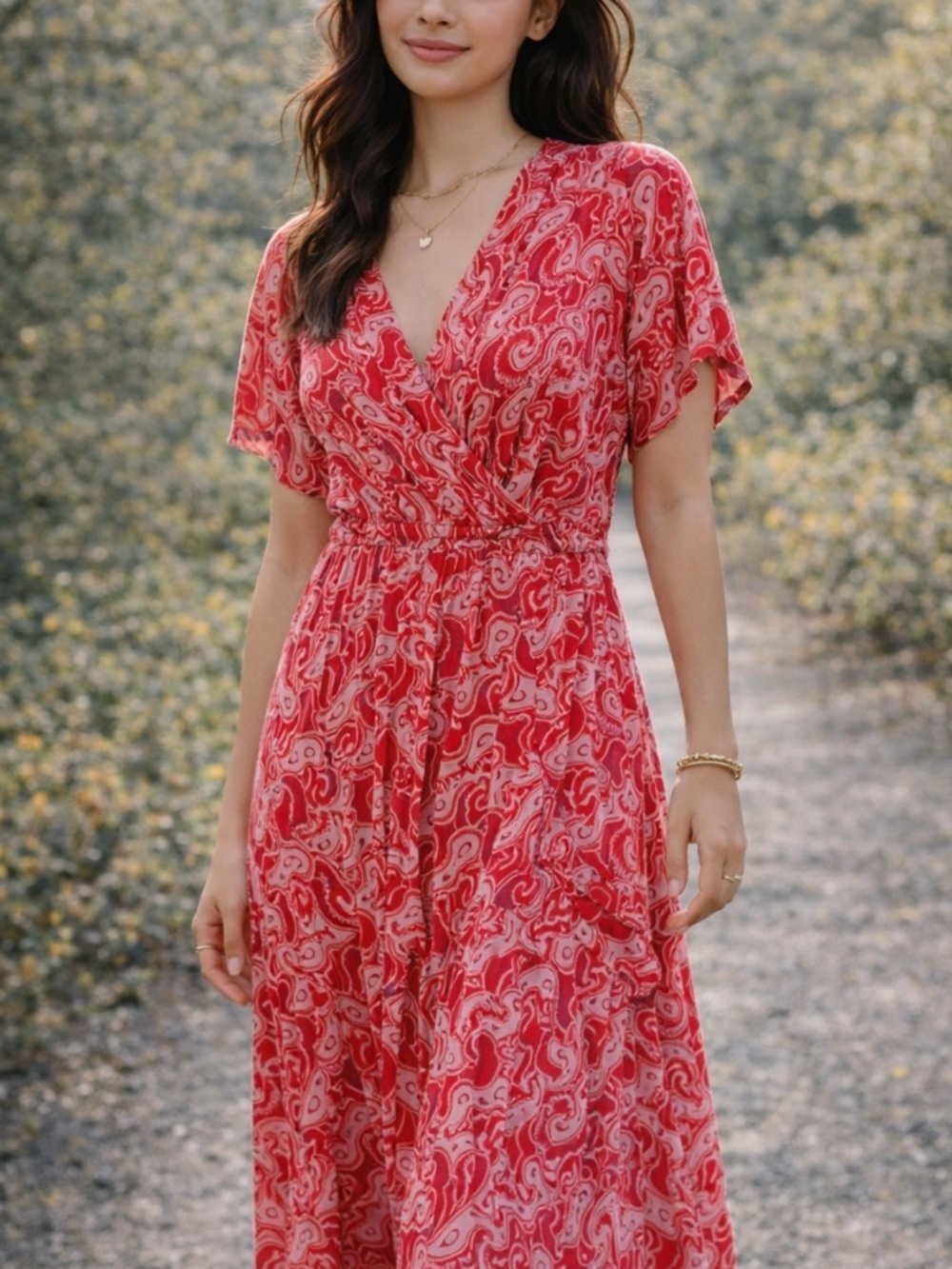 An’ge Ozaka Paisley Mini Dress Red Pink Boho V-Neck Flowy Dress L 36401